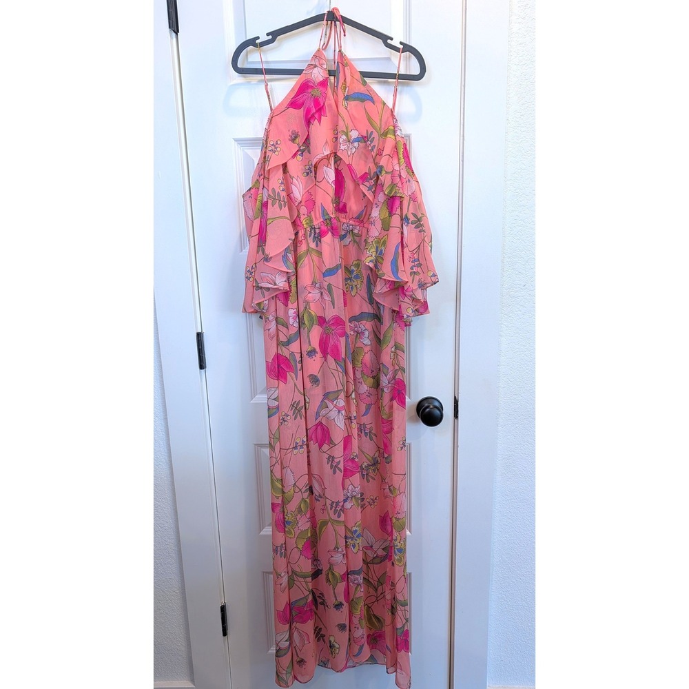GB Floral Ruffle Cold Shoulder Pink Maxi Dress
